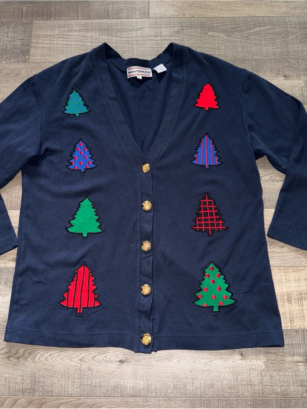Westbound small Navy Christmas Tree Cardigan Sweater - Festive Holiday Knit